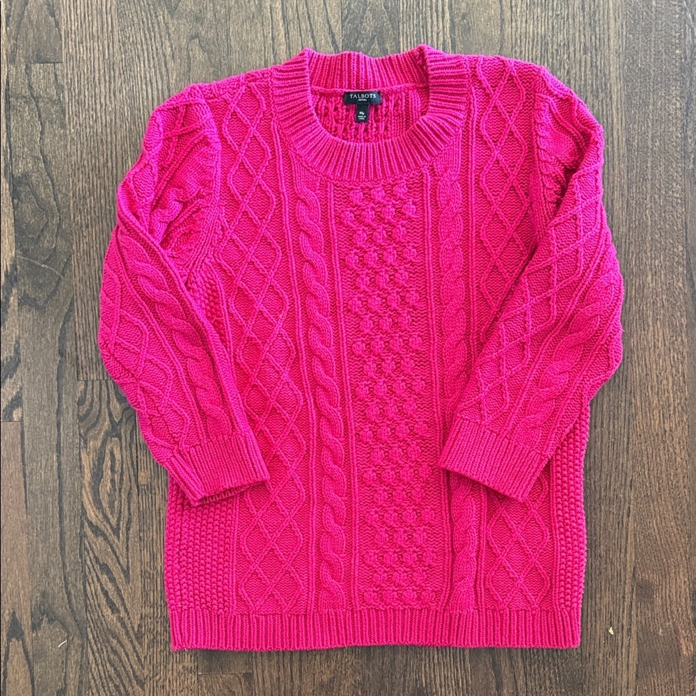 Talbots Fuchsia Cable Knit Sweater 3/4 Sleeves MP